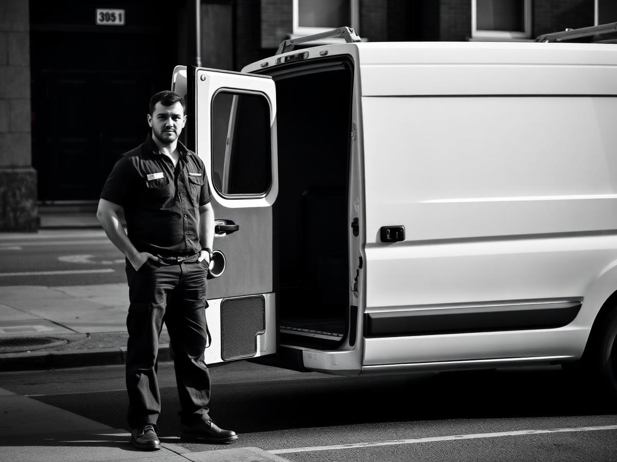 Local tradesperson standing beside a work van